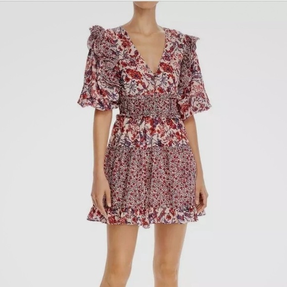 NWT SAYLOR Laci Mini Dress Pink Floral Combo Puff Sleeve Ruffle Mixed Print LRG - Picture 2 of 12